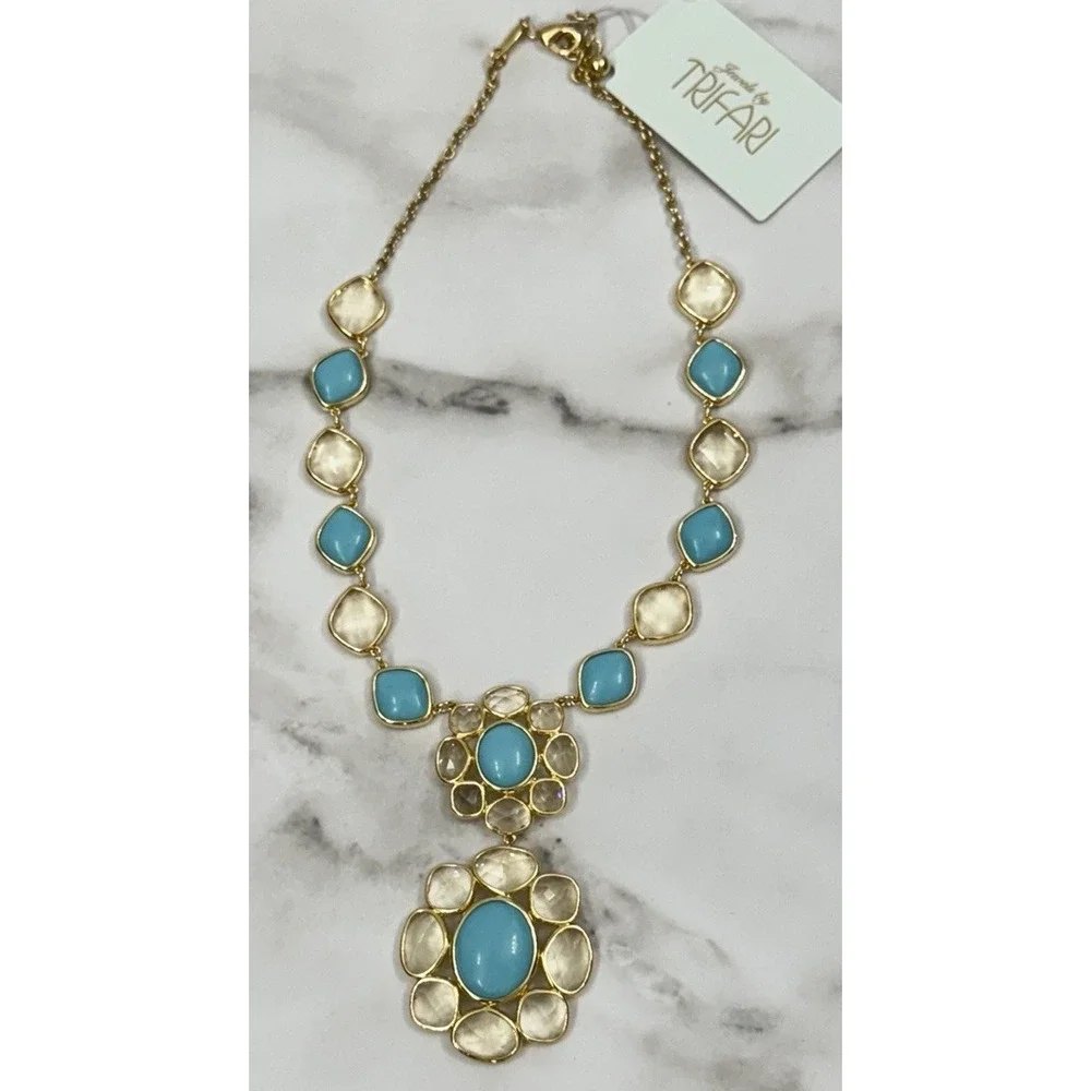 Trifari Faux Robins Egg Turquoise Cluster W/‎ Rhinestones Necklace Signed NWT